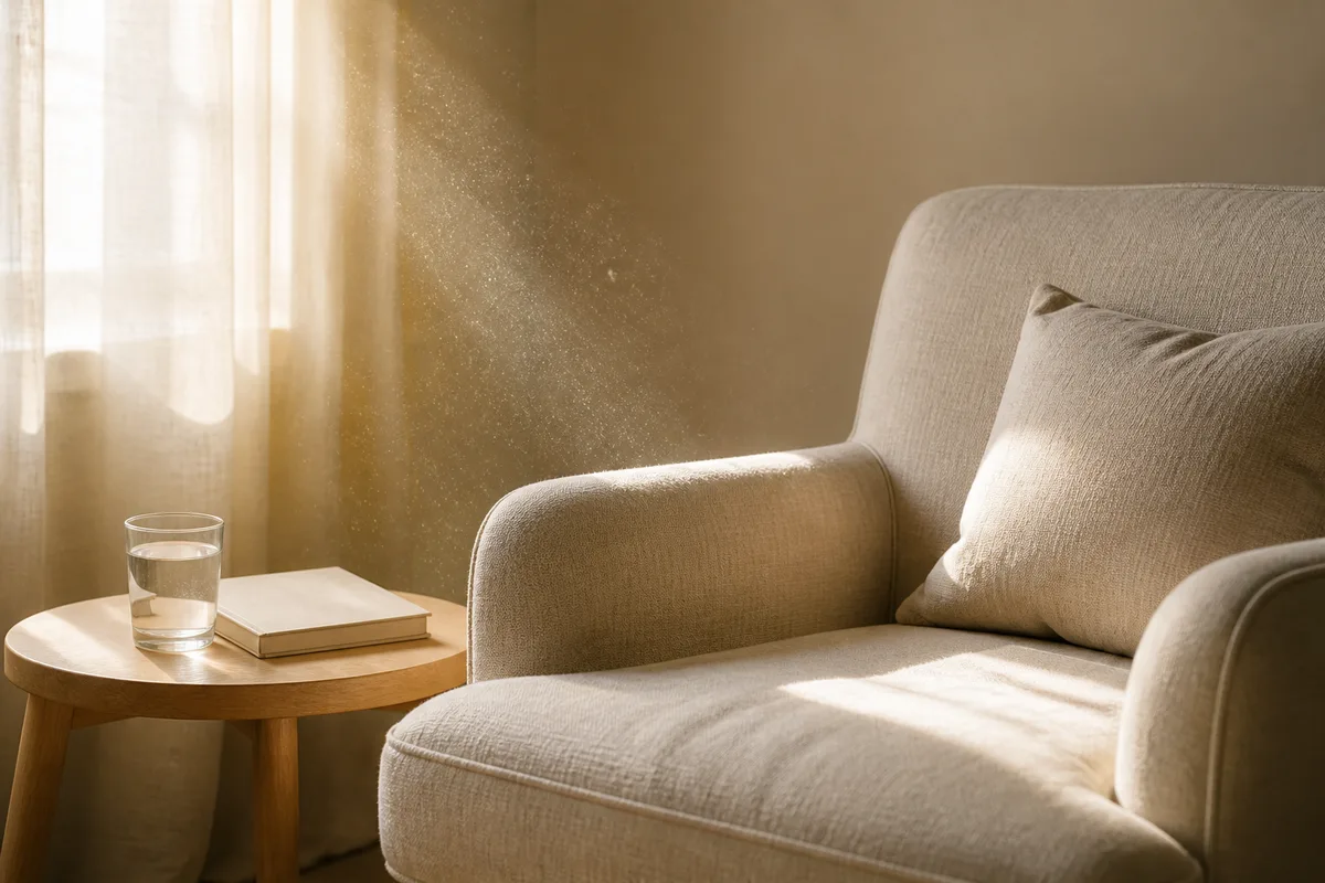 Fauteuil et coussin dans un cabinet de sophrologie baigné de lumière naturelle