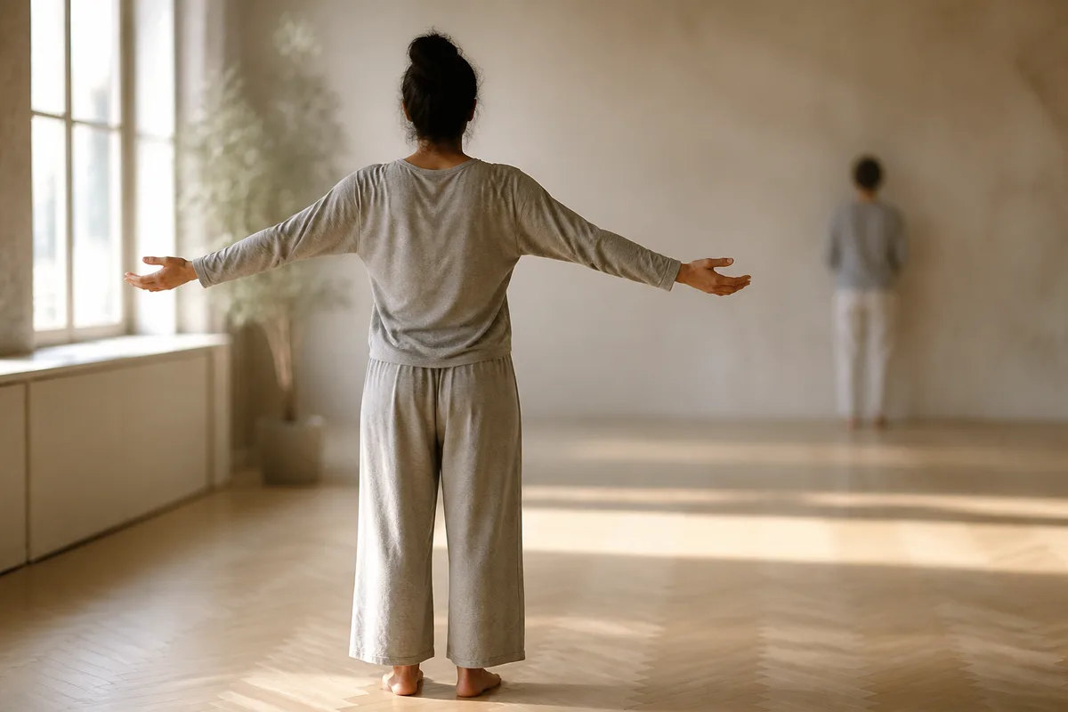 Silhouette de dos réalisant un mouvement lent d&rsquo;ouverture des épaules dans une pièce claire