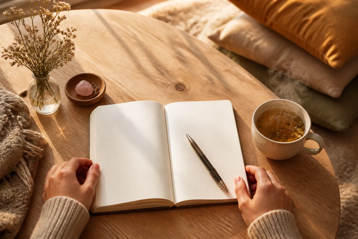 Carnet ouvert et stylo posés sur une table basse en bois près d&rsquo;une tasse fumante