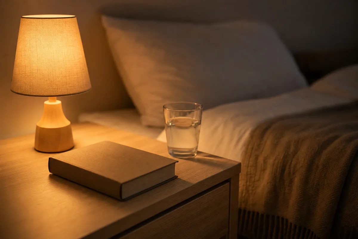 Chevet faiblement éclairé par une lampe chaude, couverture repliée sur un lit, ambiance de chambre calme le soir