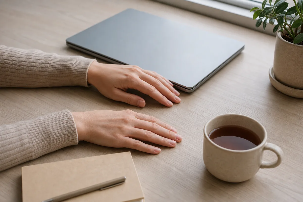 Mains posées sur un bureau à côté d&rsquo;un ordinateur portable fermé, courte pause de respiration en pleine journée de travail