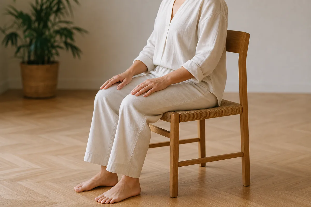 Épaules et mains détendues d&rsquo;une personne assise sur une chaise, les pieds posés au sol, dans une pièce calme et lumineuse