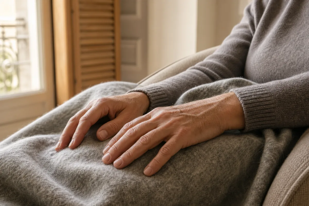 Mains posées sur un plaid, personne assise dans un fauteuil incliné près d’une fenêtre
